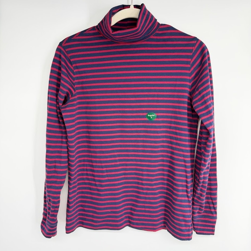 LL Bean Interlock Turtleneck Women S Navy Red Striped L/S Cotton Preppy Fall